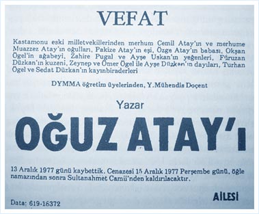 Oğuz Atay vefat ilanı